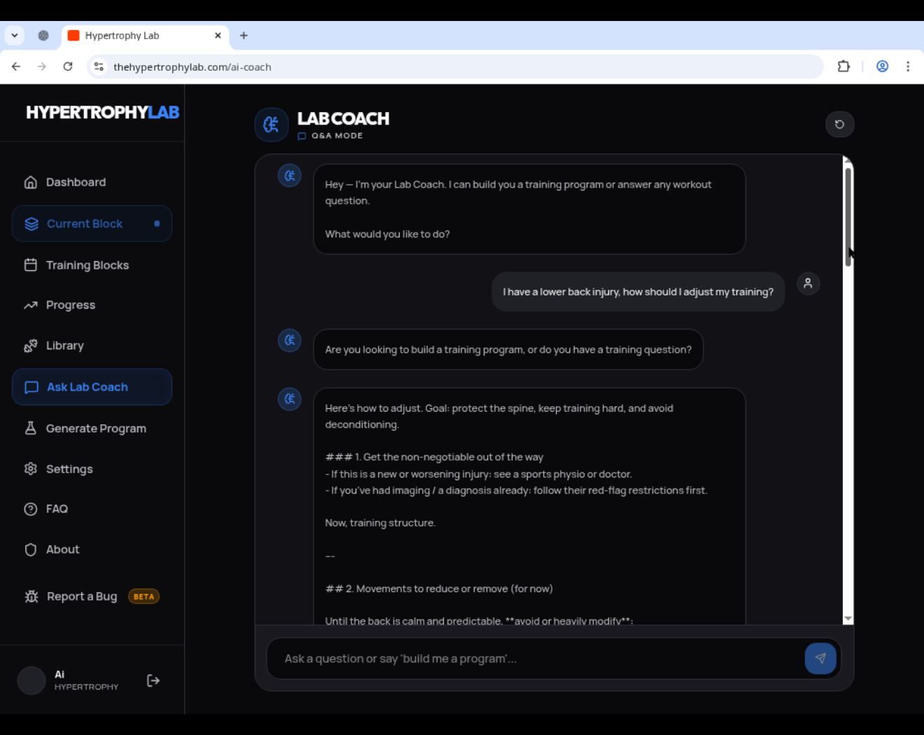 AI coach chat interface for training questions and program adjustments