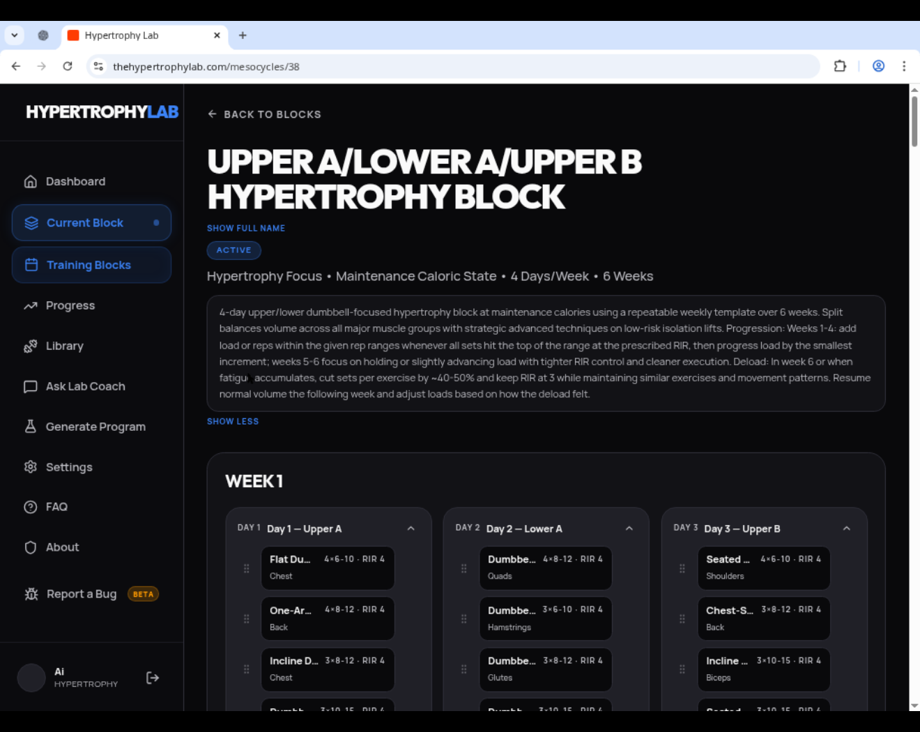 Training block view showing an AI-generated mesocycle with weekly structure